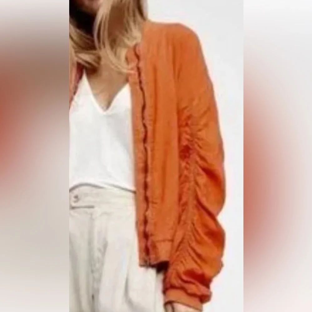 Free people linen blend‎ ruched orange bomber. Worn once - Picture 2 of 8